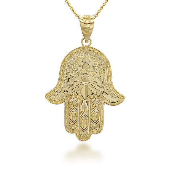 10K Solid Gold All Seeing Eye Hamsa Pendant Necklace